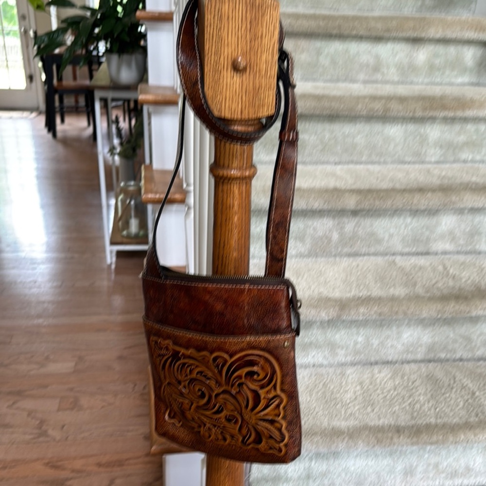 Patricia Nash Brown Leather Messenger Bag with Intricate Tooling
